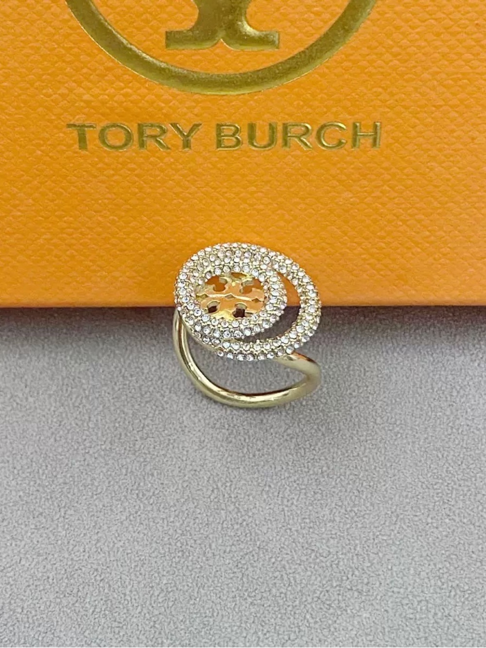 Tory Burch Gold Crystal Emblem Spiral Ring Size8